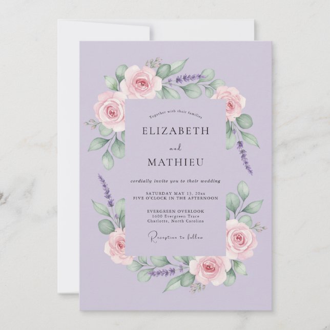 Invitation Mariage Floraison Botanique Rouge Lavande (Devant)
