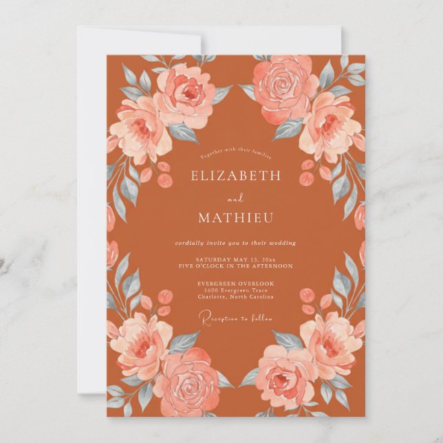 Invitation Mariage Floraison Botanique Rouge Terracotta (Devant)