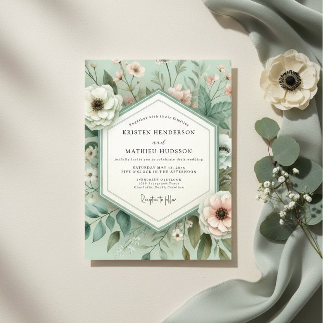 Invitation Mariage Floraison Botanique Vert Menthe (Créateur téléchargé)