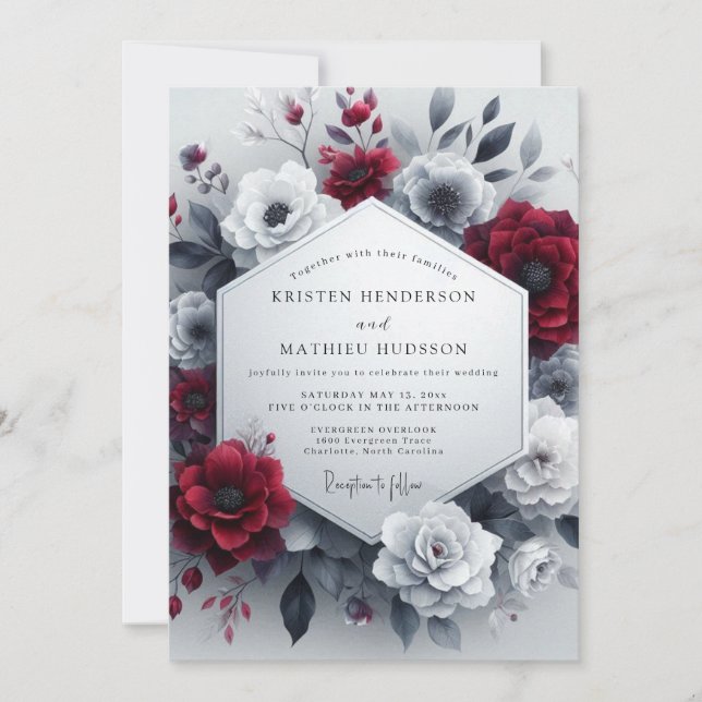 Invitation Mariage Floraison Burgundy en nuances de gris (Devant)
