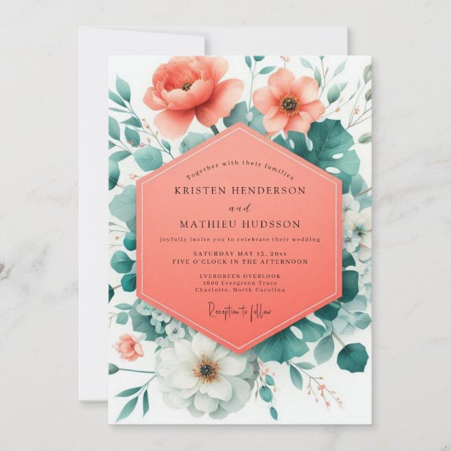 Invitation Mariage Floraison Corail Viridian (Devant)