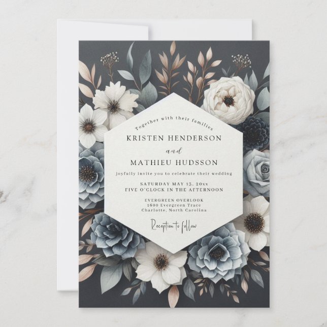 Invitation Mariage Floraison Crépusculaire Bleu Ardoise (Devant)