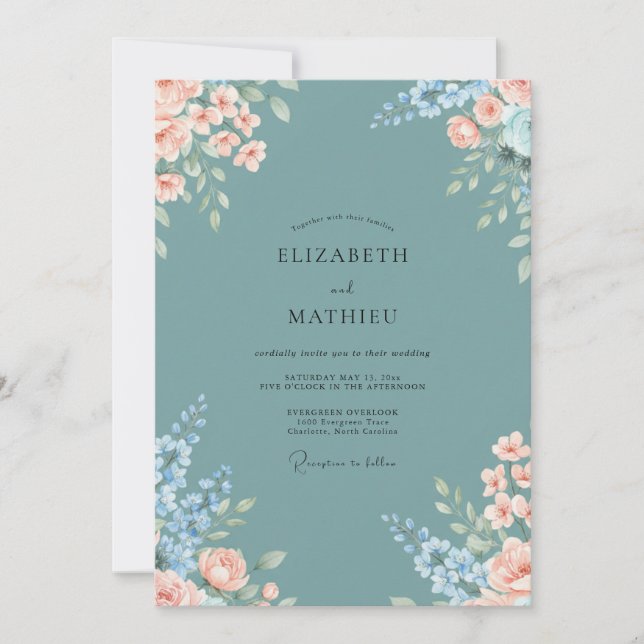 Invitation Mariage Floraison d'Abricot Sarcelle (Devant)