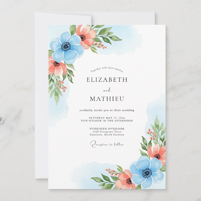 Invitation Mariage Floraison de Corail Bleu Ciel (Devant)