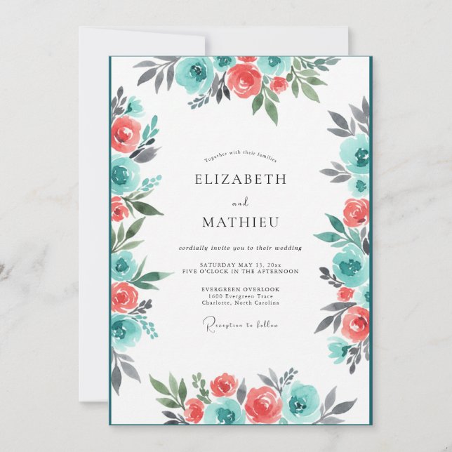 Invitation Mariage Floraison de Corail Sarcelle (Devant)