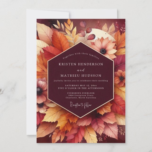 Invitation Mariage Floraison de Feuille Bourgogne (Devant)