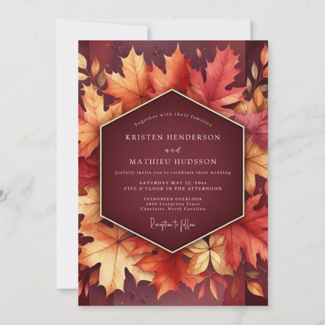 Invitation Mariage Floraison de Feuille d'Automne Bourguignon (Devant)