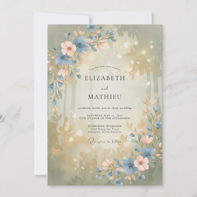 Invitation Mariage Floraison de la Forêt Bleu Poussiéreux (Devant)