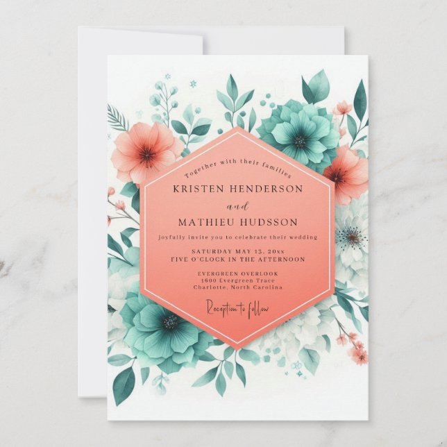 Invitation Mariage Floraison estivale Corail et sarcelle (Devant)