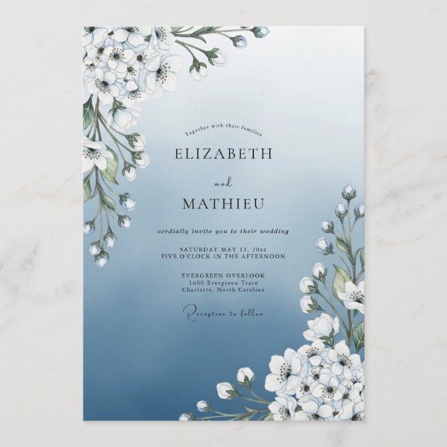 Invitation Mariage Floraison Éthérée Bleu Ciel (Devant)