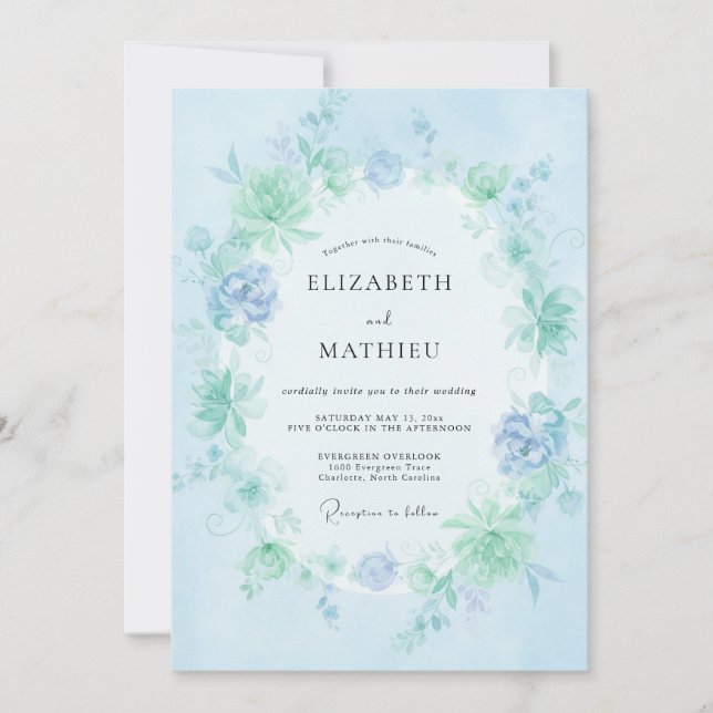 Invitation Mariage Floraison Éthérée Bleu Clair (Devant)