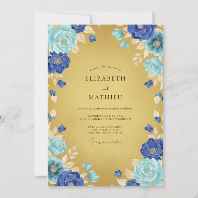 Invitation Mariage Floraison Ethérée Bleu Cobalt (Devant)
