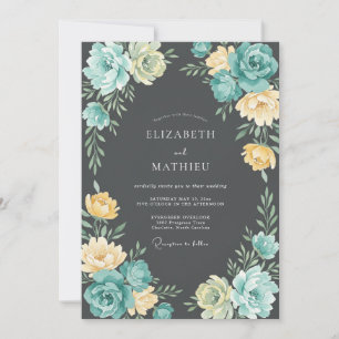 Invitation Mariage Floraison Éthérée Bleu-vert Jaune