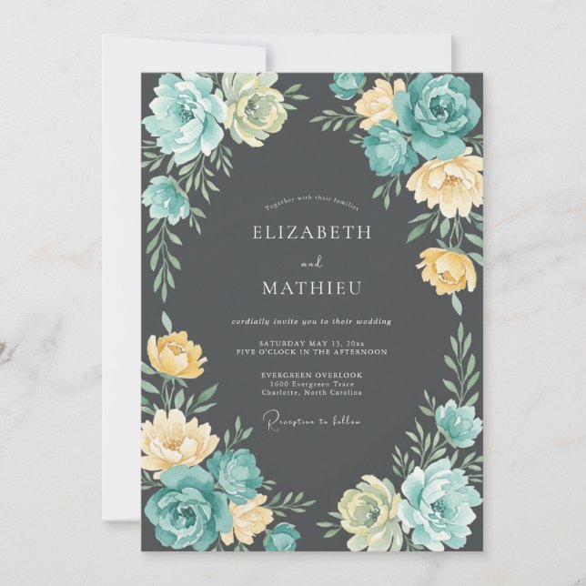 Invitation Mariage Floraison Éthérée Bleu-vert Jaune (Devant)