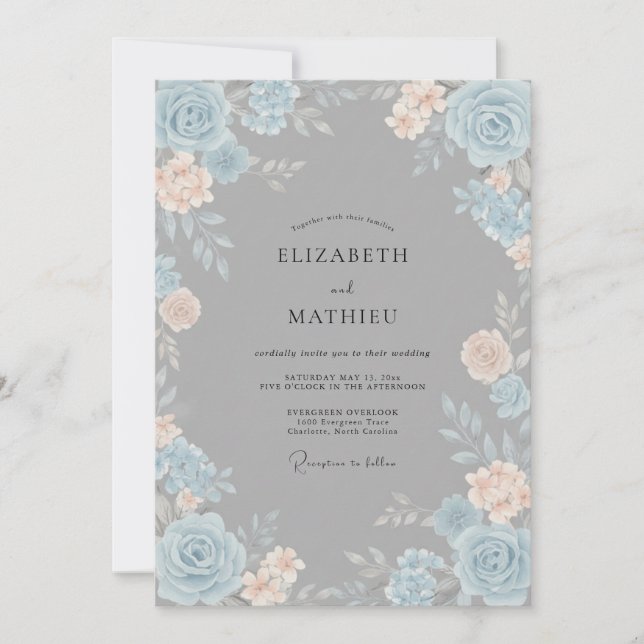 Invitation Mariage Floraison Ethérée Bleue Pêche (Devant)