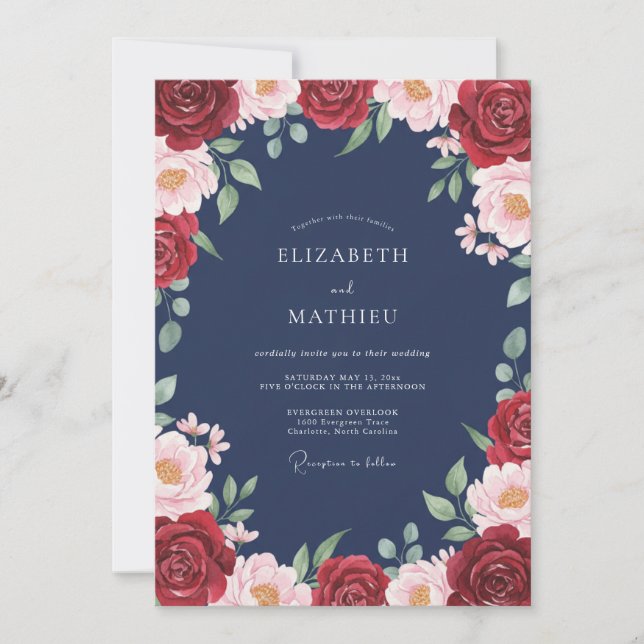 Invitation Mariage Floraison Éthérée Cramoisi (Devant)