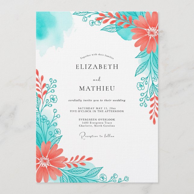 Invitation Mariage Floraison Ethérée de Corail Sarcelle (Devant)
