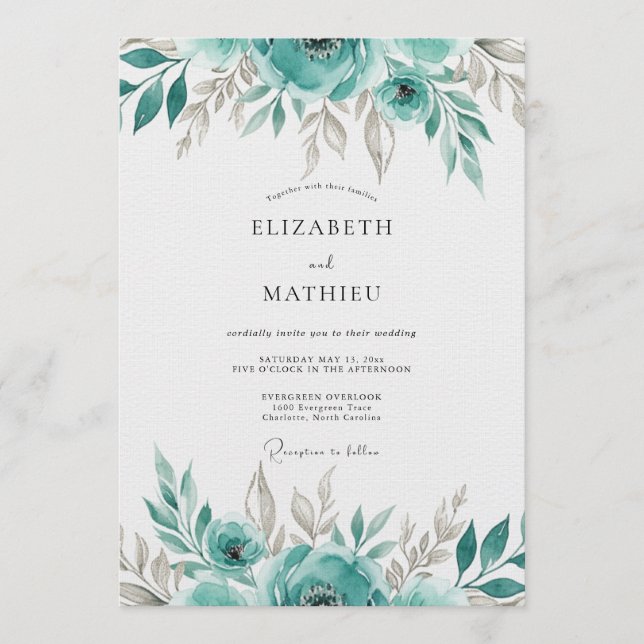 Invitation Mariage Floraison Ethérée de Sarcelle (Devant)