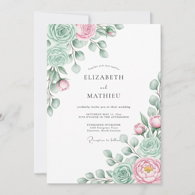 Invitation Mariage Floraison Éthérée Rose Menthe (Devant)