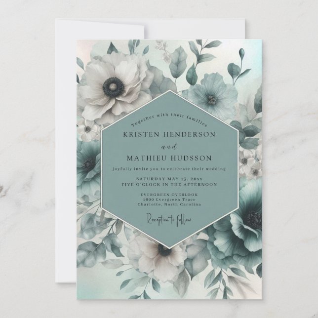 Invitation Mariage Floraison Éthérée Sarcelle (Devant)