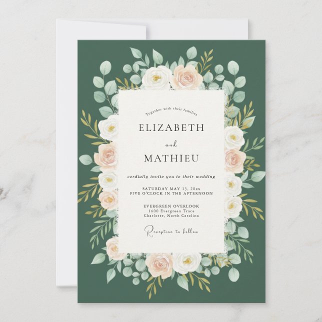 Invitation Mariage Floraison Ethérée Vert Forêt (Devant)