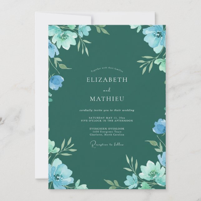 Invitation Mariage Floraison Ethérée Vert Forêt (Devant)