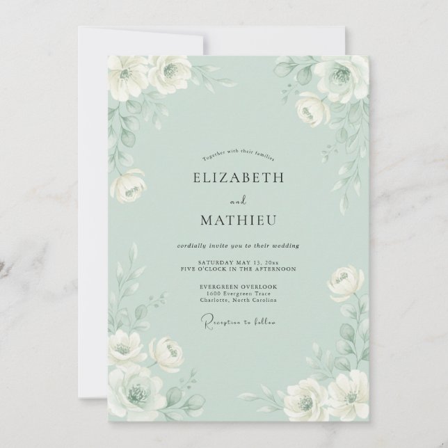Invitation Mariage Floraison Ethérée Vert Menthe (Devant)
