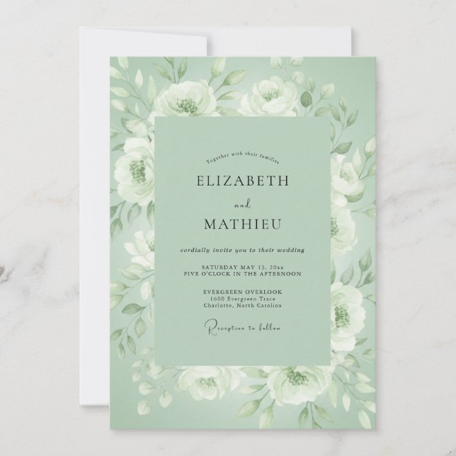 Invitation Mariage Floraison Éthérée Vert Sauge (Devant)