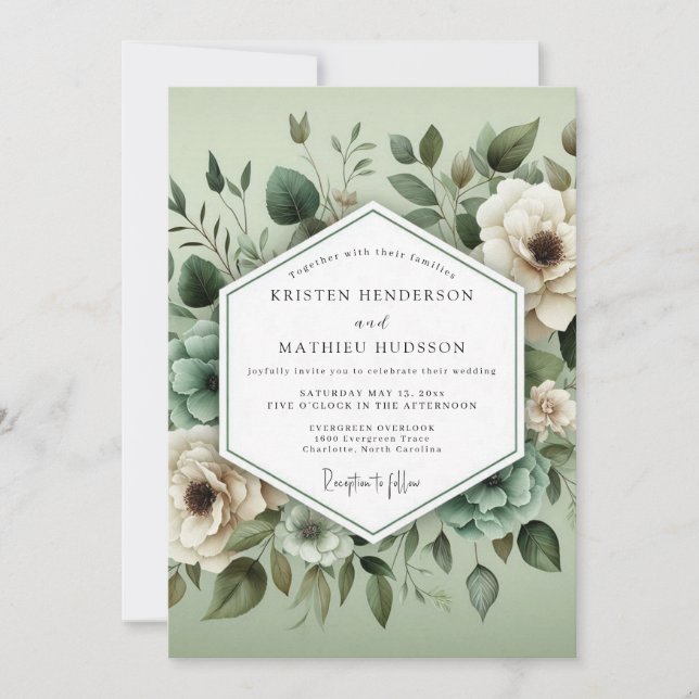 Invitation Mariage Floraison Ethérée Vert Sauge (Devant)