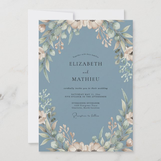 Invitation Mariage Floraison Fantaisiste Bleu Ardoise (Devant)