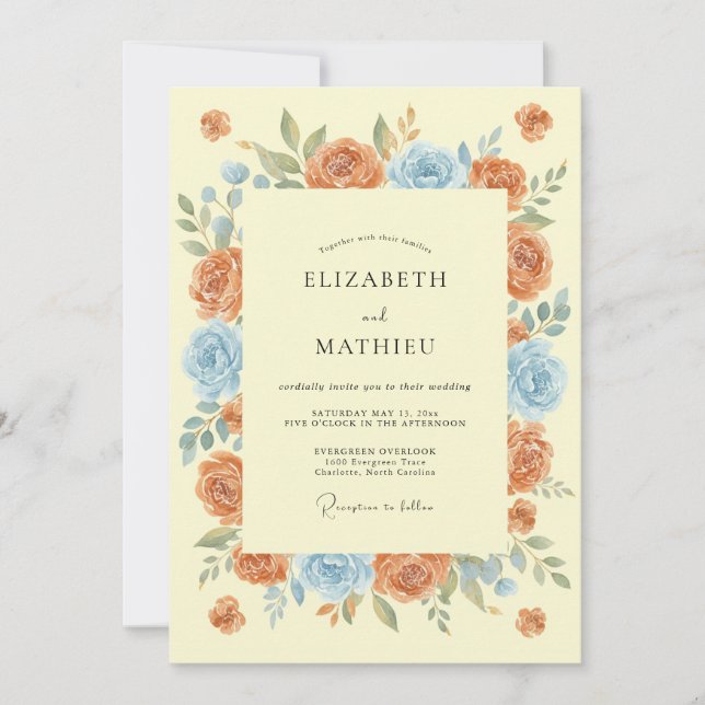 Invitation Mariage Floraison Fantaisiste Bleu Corail (Devant)