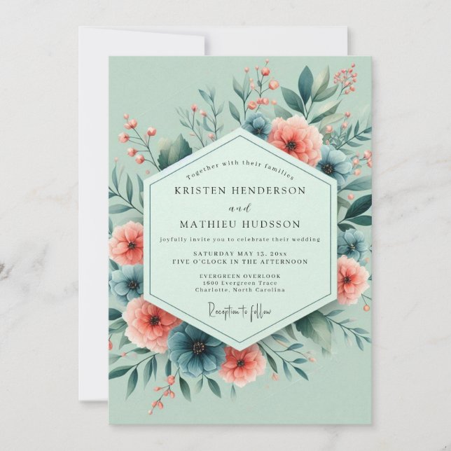Invitation Mariage Floraison Fantaisiste de Corail Sauge (Devant)