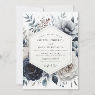 Invitation Mariage Floraison Glaciaire Bleu Ardoise