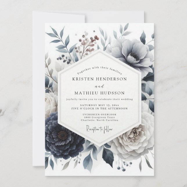 Invitation Mariage Floraison Glaciaire Bleu Ardoise (Devant)
