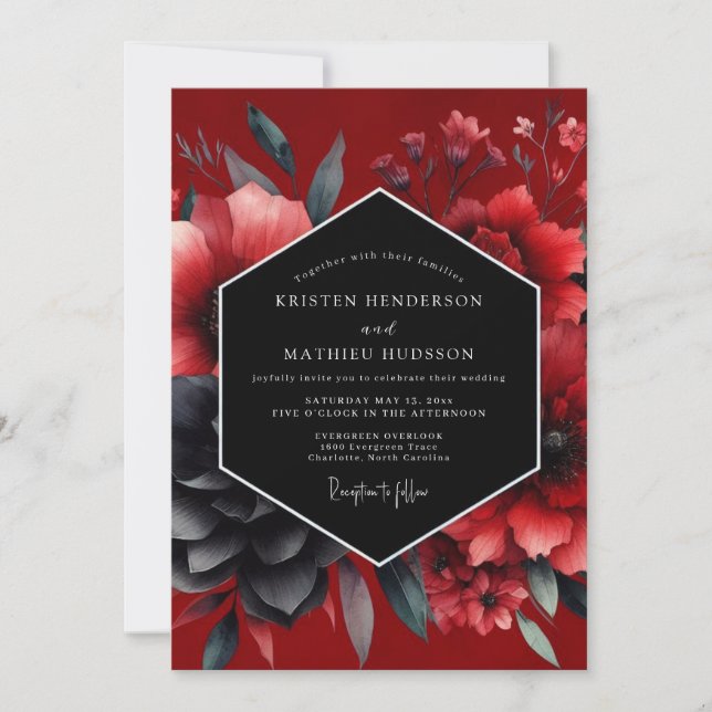 Invitation Mariage Floraison Gothique Cramoisi (Devant)