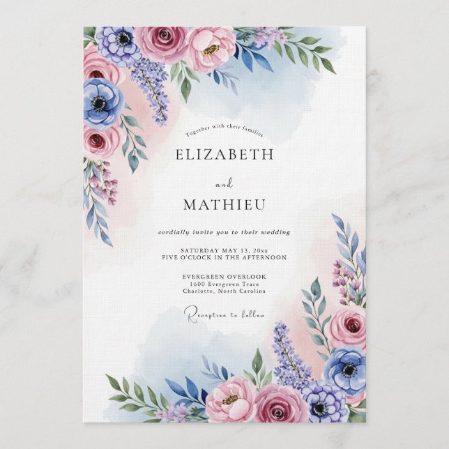 Invitation Mariage Floraison Impressionniste Rose Lavande (Devant)