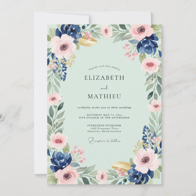Invitation Mariage Floraison Indigo Menthe (Devant)