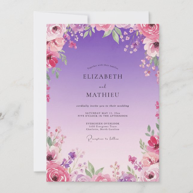 Invitation Mariage Floraison Magenta Prune (Devant)