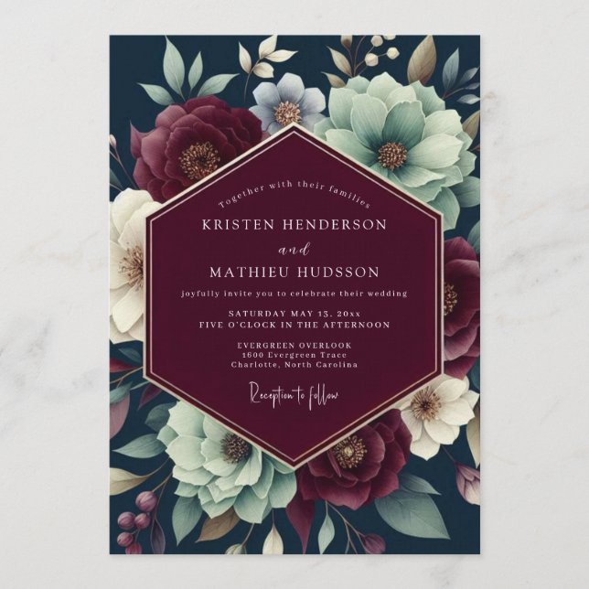 Invitation Mariage Floraison Ombreuse Sarcelle Claire (Devant)
