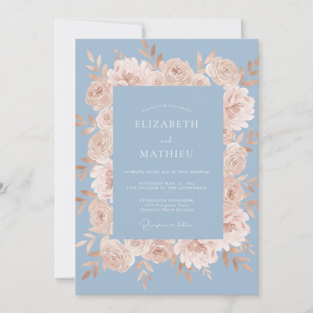 Invitation Mariage Floraison Romantique Bleu Pêche (Devant)