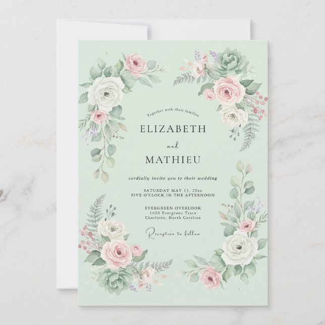 Invitation Mariage Floraison Romantique de Menthe (Devant)