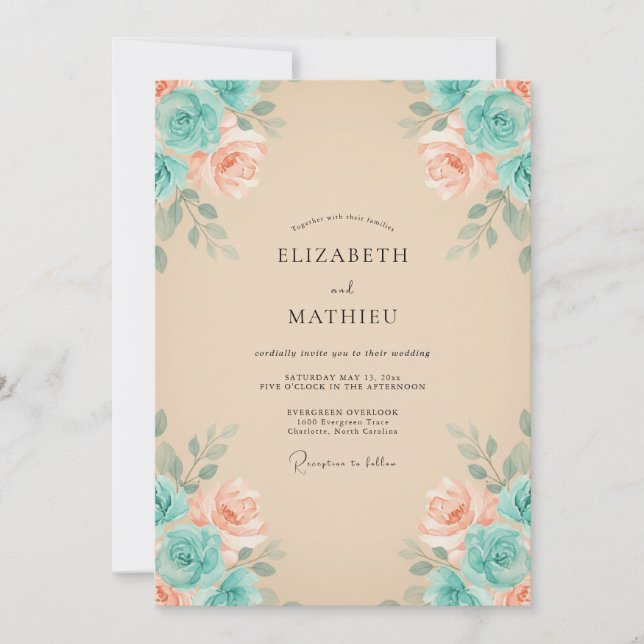 Invitation Mariage Floraison Romantique pêche sarcelle (Devant)