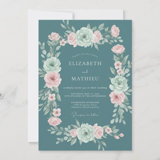 Invitation Mariage Floraison Romantique Sarcelle (Devant)