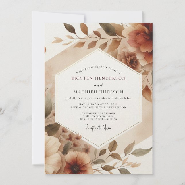 Invitation Mariage Floraison Romantique Sépia (Devant)