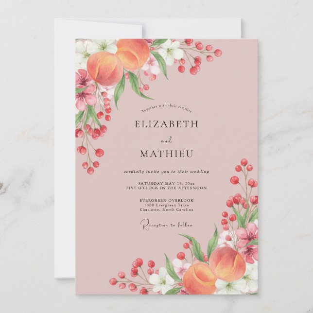 Invitation Mariage Floraison Romantique Teint de Pêche (Devant)