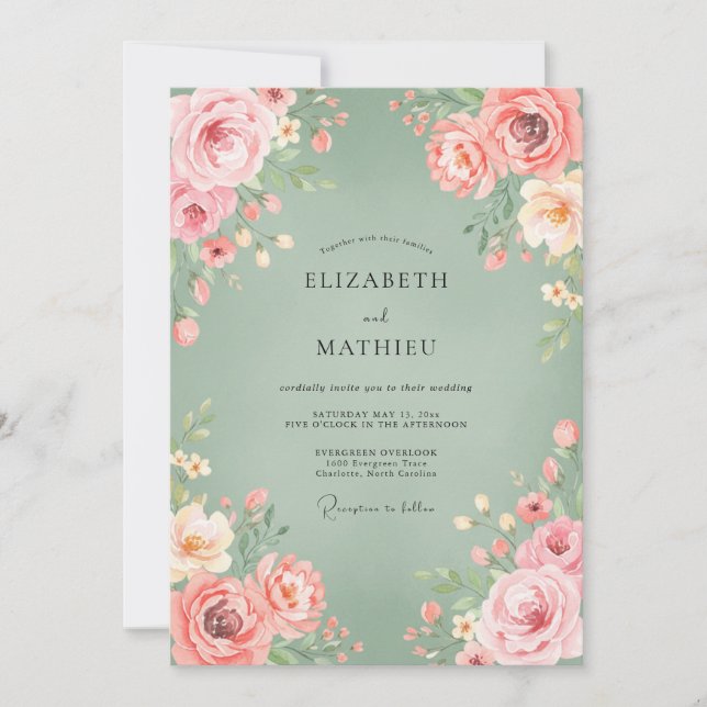 Invitation Mariage Floraison Rose Sage (Devant)