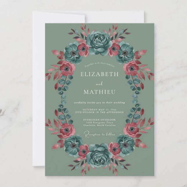 Invitation Mariage Floraison Verdoyante Vert Sauge (Devant)