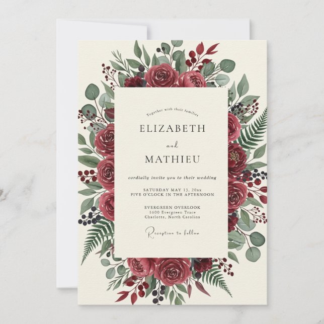Invitation Mariage Floraison Verte Bourgogne (Devant)