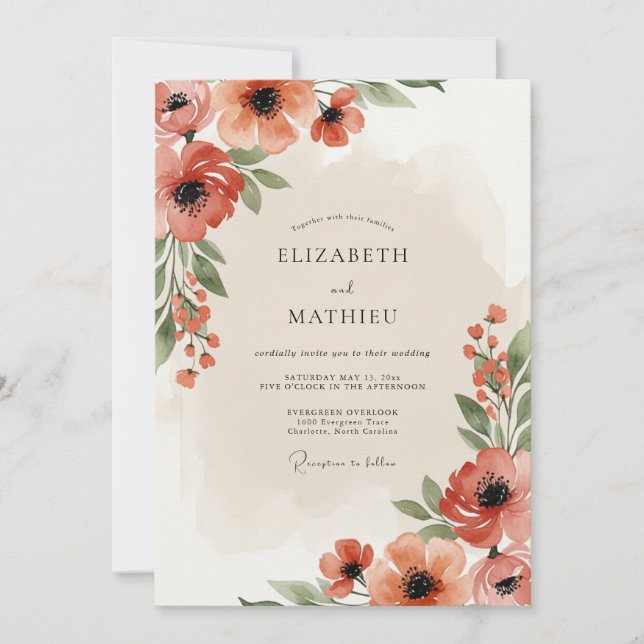 Invitation Mariage Floraison Verte Corail (Devant)
