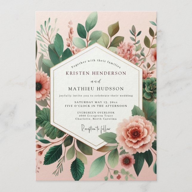 Invitation Mariage Floraison Verte Rose (Devant)